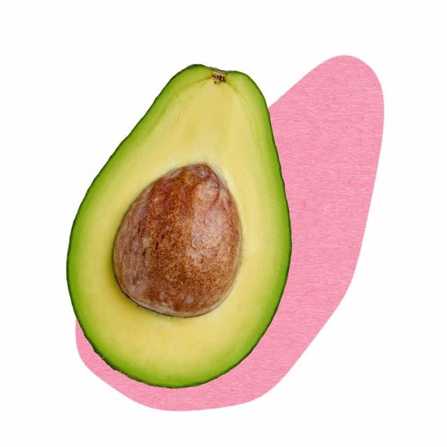 Avocado og lyserød grafik bagved